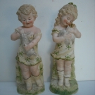 PAIR  GEBRUDER HEUBACH FIGURES. GIRL & DOVE , & BOY WITH RABBIT  A/F RESTORED