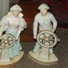 Antique Gebruder Heubach Nautical Bisque Sailor Man & Woman Ship Wheel Figurines