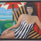 Badenixe am Strand Ölgemälde signiert Jorunn GERATEWOHL datiert 2002 (M7788)